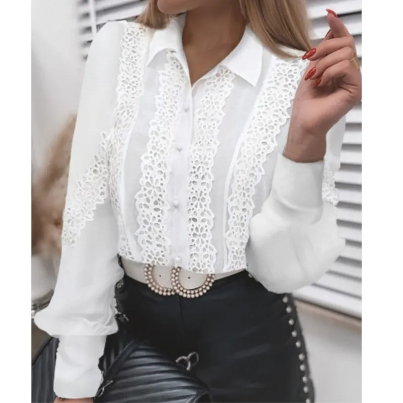 Vrouwen Wit Zwart Elegant Kant Uitgehold Blouse 2023 Lente Nieuwe Lange Mouwen Y2K Knoppen Mesh Top Vintage Dameskleding