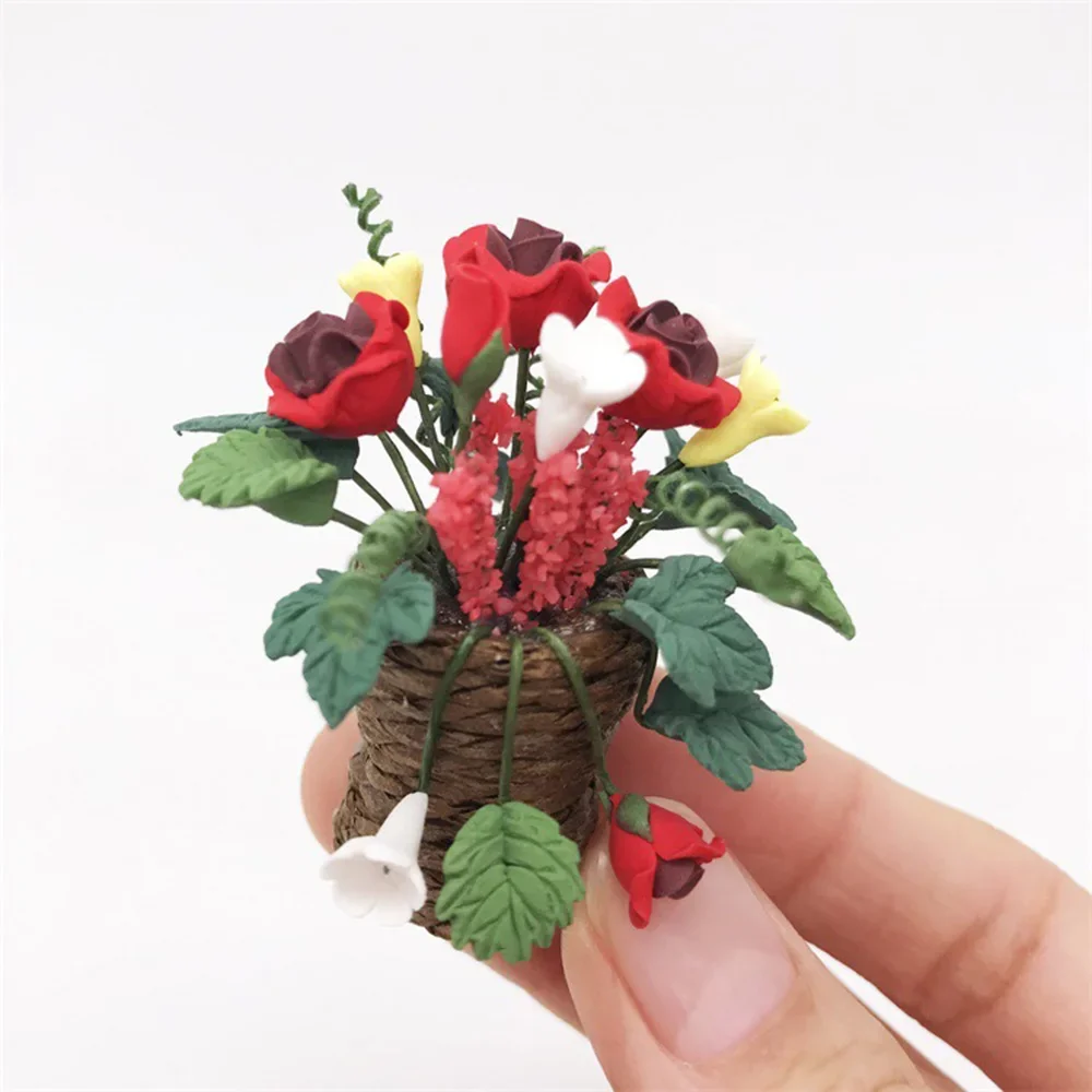 1/12 인형 집 미니어처 화분 빨간 장미 미니 꽃 모델 장난감 인형 집 액세서리 장식 ob11 bjd