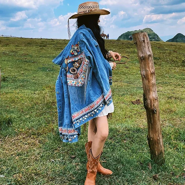 TEELYNN Boho Floral Appliques Embroidery Tassel Denim Jackets for Women Coats Casual Long Sleeve Vintage Loose Jacket Outwears