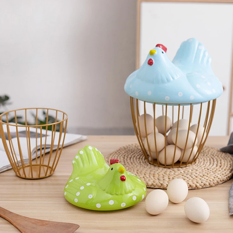 Creative Egg Organizer Storage Basket Ceramic Iron Decorative Fruit Egg Basket with Chicken Design Decorative Kitchen Egg Holder