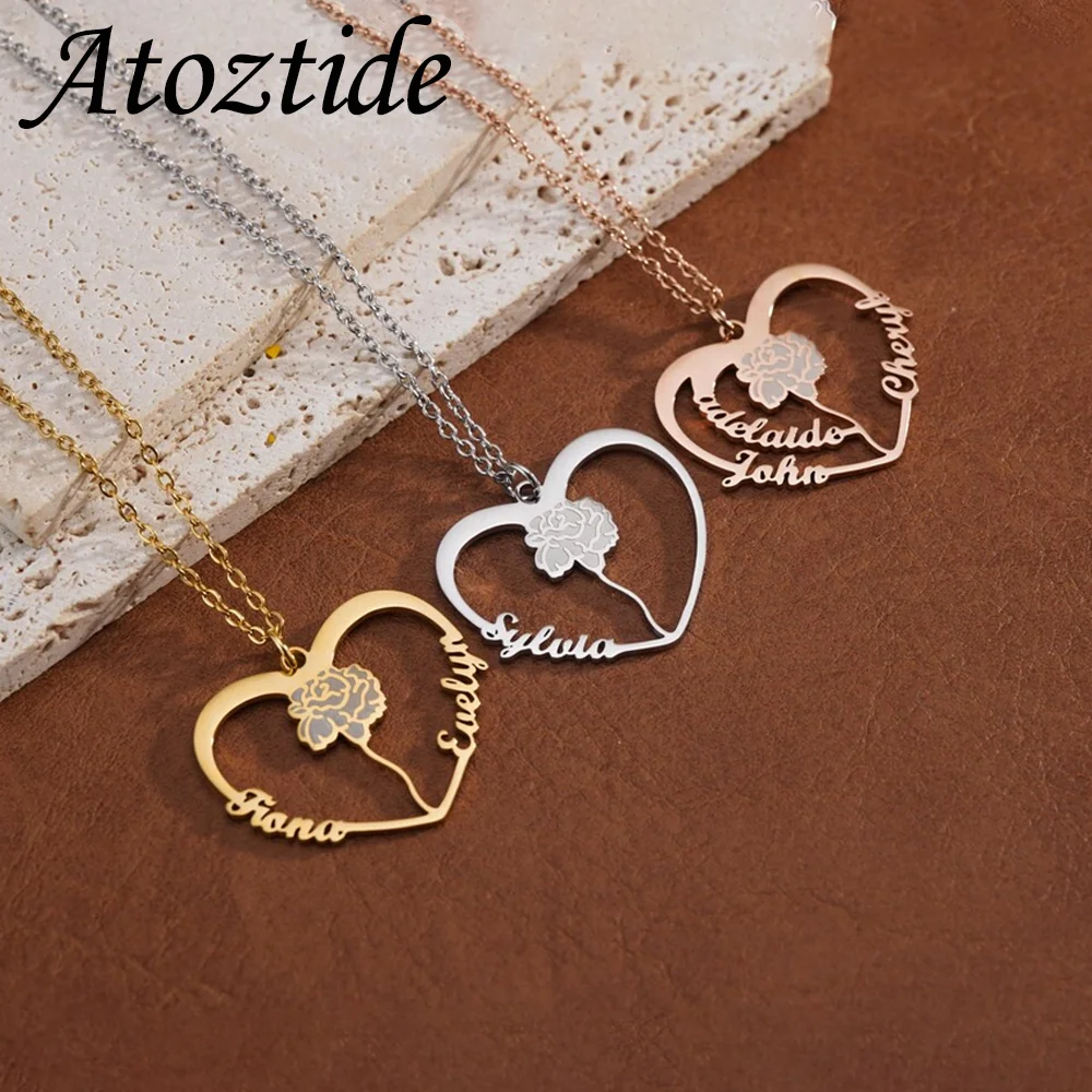 

Atoztide ожерелье с индивидуальным именем для женщин с цветком персонализированные ювелирные изделия из нержавеющей стали с именной табличкой колье-цепочка подарок на день рождения