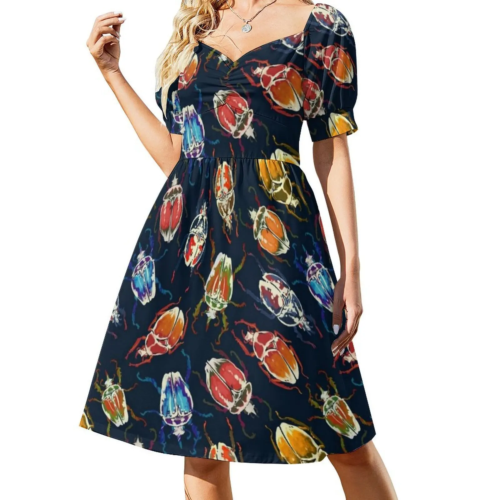 فستان قصير على شكل زهرة خنفساء بألوان قوس قزح على طراز بريبي للنساء على شكل حرف a فضفاض مناسب فستان يوم غير رسمي Mecynorhina حشرة الحشرات #2