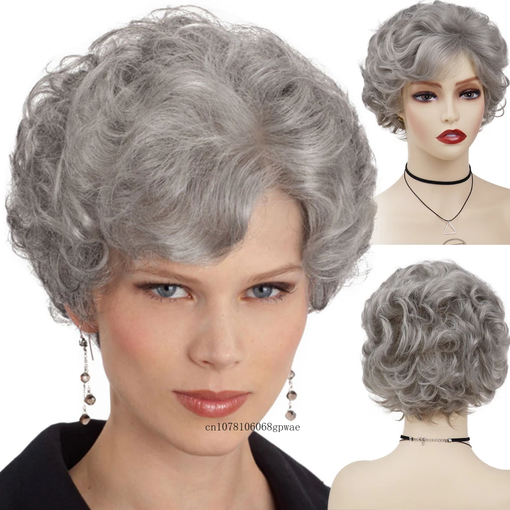 Synthetic Grey Wig for Women Natural Fluffy Old Lady Wigs with Bangs Grandma Cosplay Halloween School Party Use Short Curly Hair