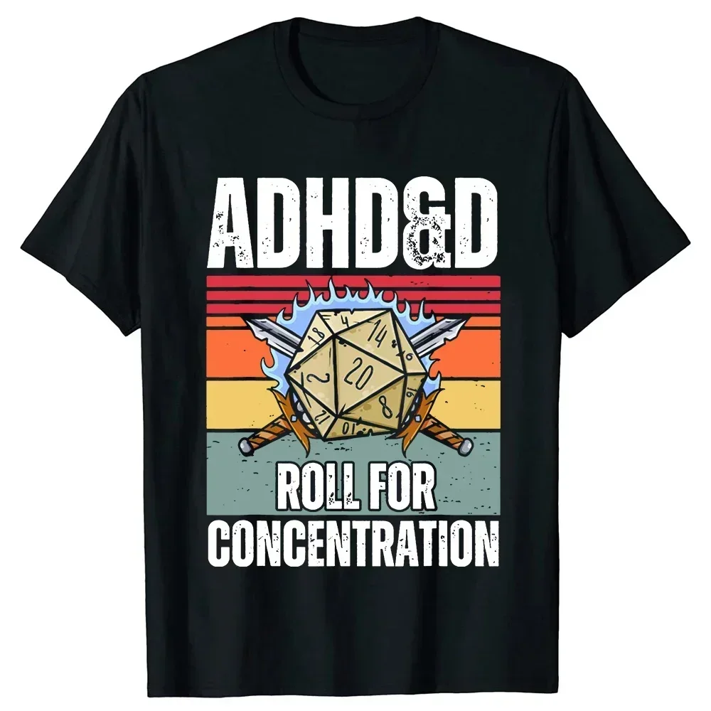 Summer Men's T-Shirt Vintage ADHD&D Roll for Concentration Funny Gamer Dungeons DM RPG Dice Dragon T Shirts Streetwear Gifts