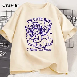 Im Cute But I Worry Too Much Short Sleeve T-shirts Men Tee Clothing Cotton Summer Casual Tops Hip Hop Loose Cotton T-Shirt