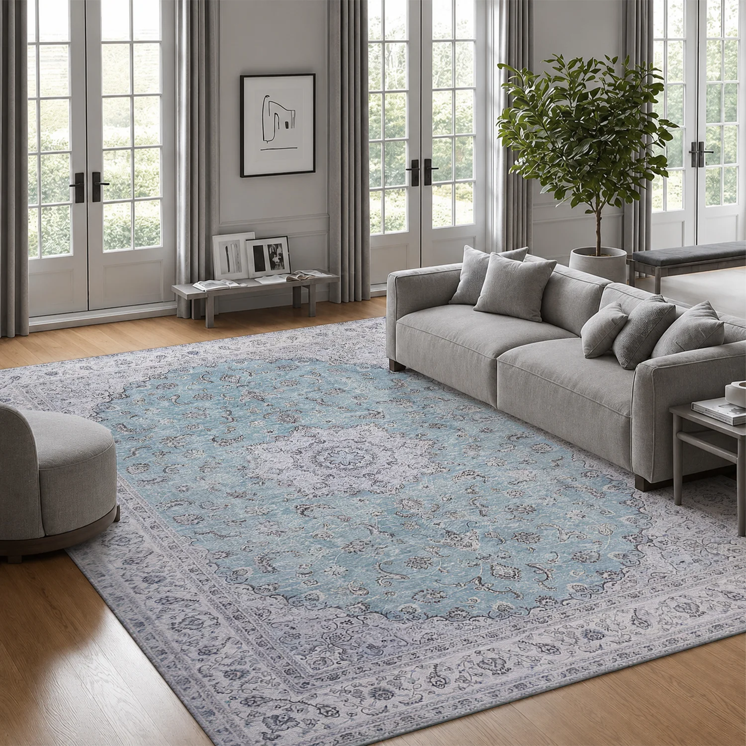 Large Indoor Area Rug Soft Velvet Low Pile Non-slip Dotted Backing Machine Washable Vintage Traditional Medallion Light Blue Floor Rug, Ideal for Living Room, Bedroom, Family Room Home Decor