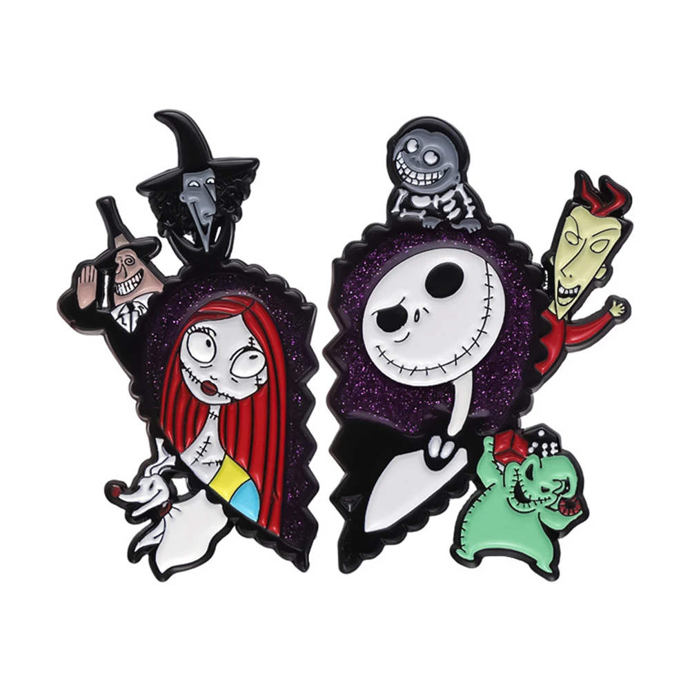 Alfileres esmaltados de la película de Disney, pesadilla antes de Navidad, Jack y Sally de ensueño morado, broches Oogie Boogie Zero, insignias de regalo