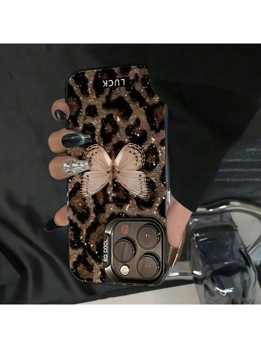 

Glitter Butterfly Leopard Print IMD Phone Case Shockproof Anti-Slip For iPhone 15 Pro Max 14 Pro Max 13 Pro Max