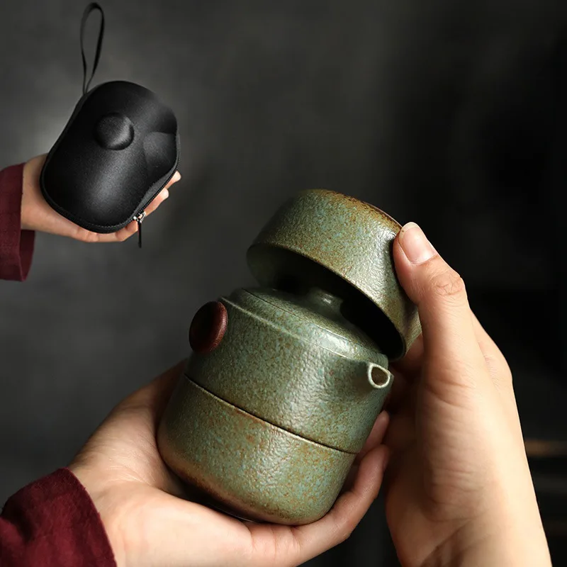 

Travel One Pot Two Cups Set with Portable Bag Chinese Coarse Pottery Kung Fu Tea Set Black Pottery Teapot Teacup Coffee Set