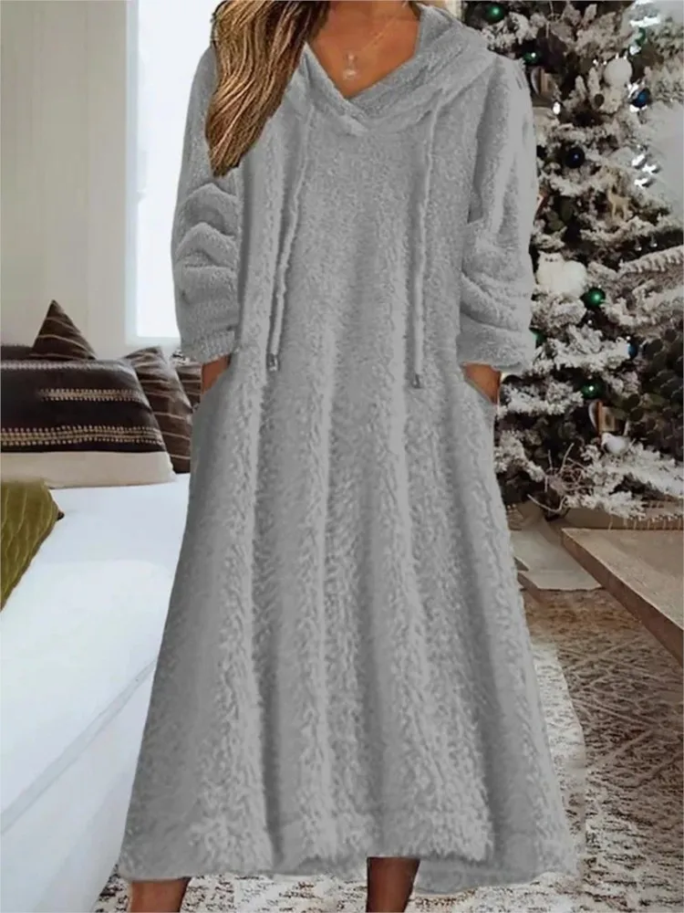

2025 Autumn Homewear Women's Dress Velvet Hooded Two Pocket Long Dresses Female Spring Warm Fashion Loose Casual Clothing Female