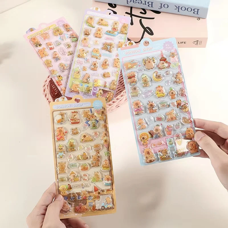 Naklejki 3D z efektem relife z kapibarą, urocze kreskówkowe zwierzątka, dekoracja, gąbka, dostępne od ręki, zabawki dla dzieci i hobby, kolekcja figurek akcji.