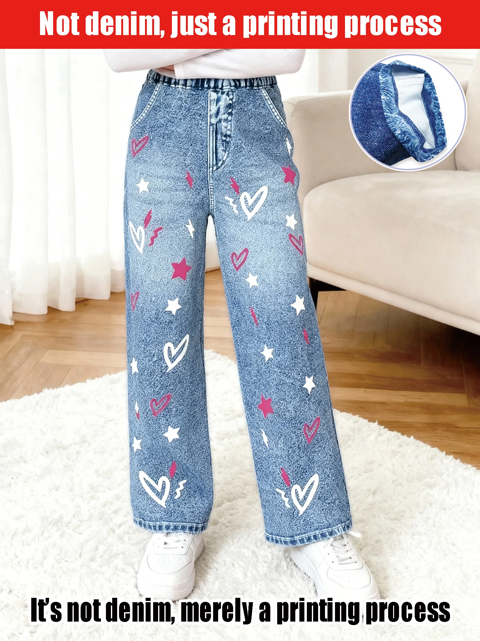Girls' Heart-Shaped Star Imitation Jeans High Waist Straight Leg Spring Autumn New Style