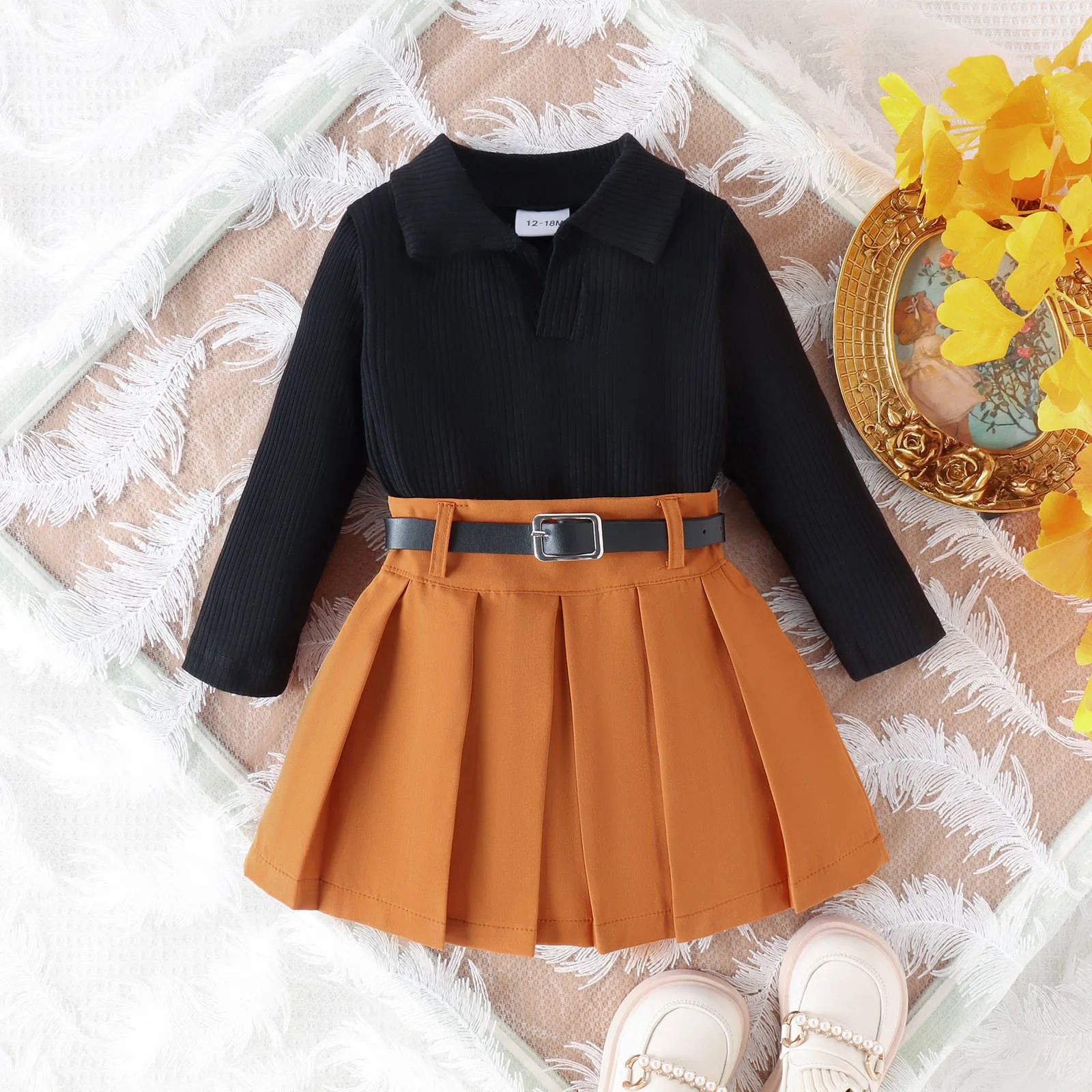 4 5 6 Years Fashion Toddler Girls Clothes Sets Ruffles Long Sleeve Solid Ribbed Tops Khaki Pleated Skirt Outfit Skirts Set Girls