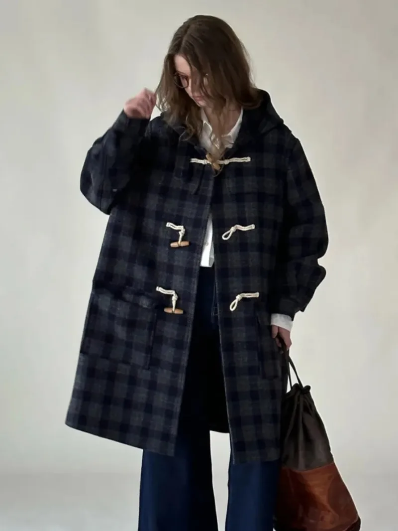 

Winter 2023 New Plaid Cowhide Button Hooded Coat with Sheep Wool Medium Length College Style Woolen Jacket Female Clothing