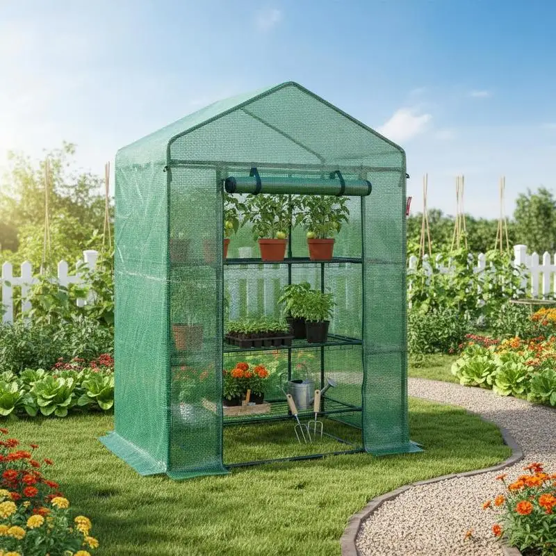 Walk-in Green House, 4.6 x 2.4 x 6.7 ft, Greenhouse with Shelves, High Strength PE Cover with Doors, Windows and Steel Frame, Set Up in Minutes, for Planting and Storage