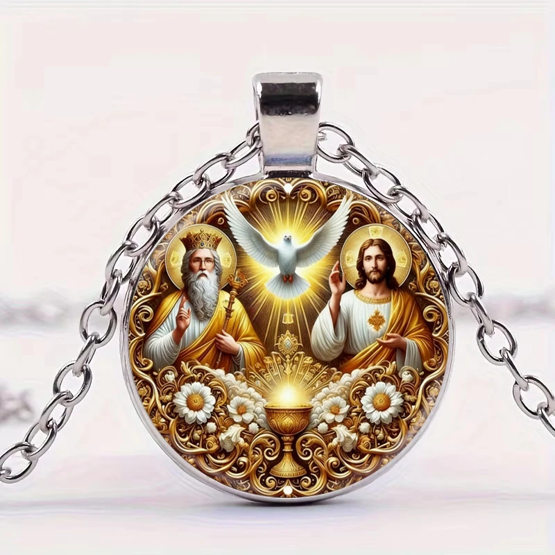 Round Holy Trinity Pendant Necklace Father Son Holy Spirit Glass Dome Necklaces Christian Faith Jewelry
