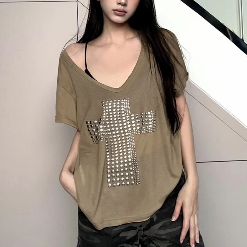 

Новая американская ретро повседневная футболка с v-образным вырезом и бриллиантами для женщин, свободный модный уличный топ в стиле Харадзюку для девочек