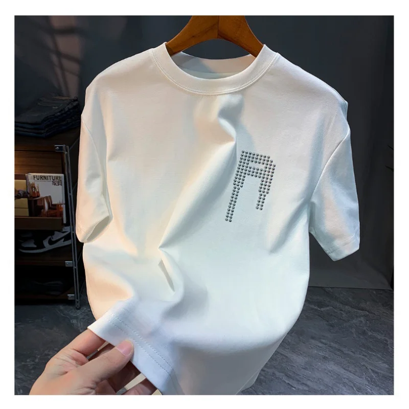 

2024 Summer Trendy T-shirt Men's High-End Hot Bead Decorative White Breathable Casual Versatile Soft Ins T-shirt