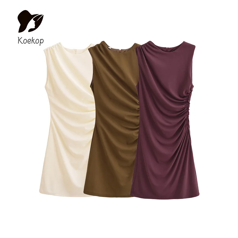 Koekop Women's Fashion Solid Color Sleeveless Temperament Dress Top Vintage Casual Temperament Chic Lady Classic Dresses