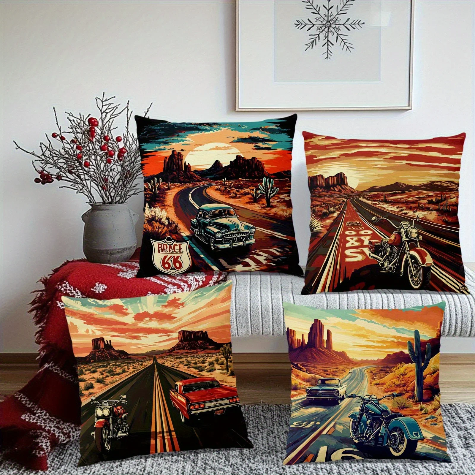 Vintage American Road Trip Sunset Landscape Throw Pillow Covers - Desert Highway Motorcycle Car Travel Decor