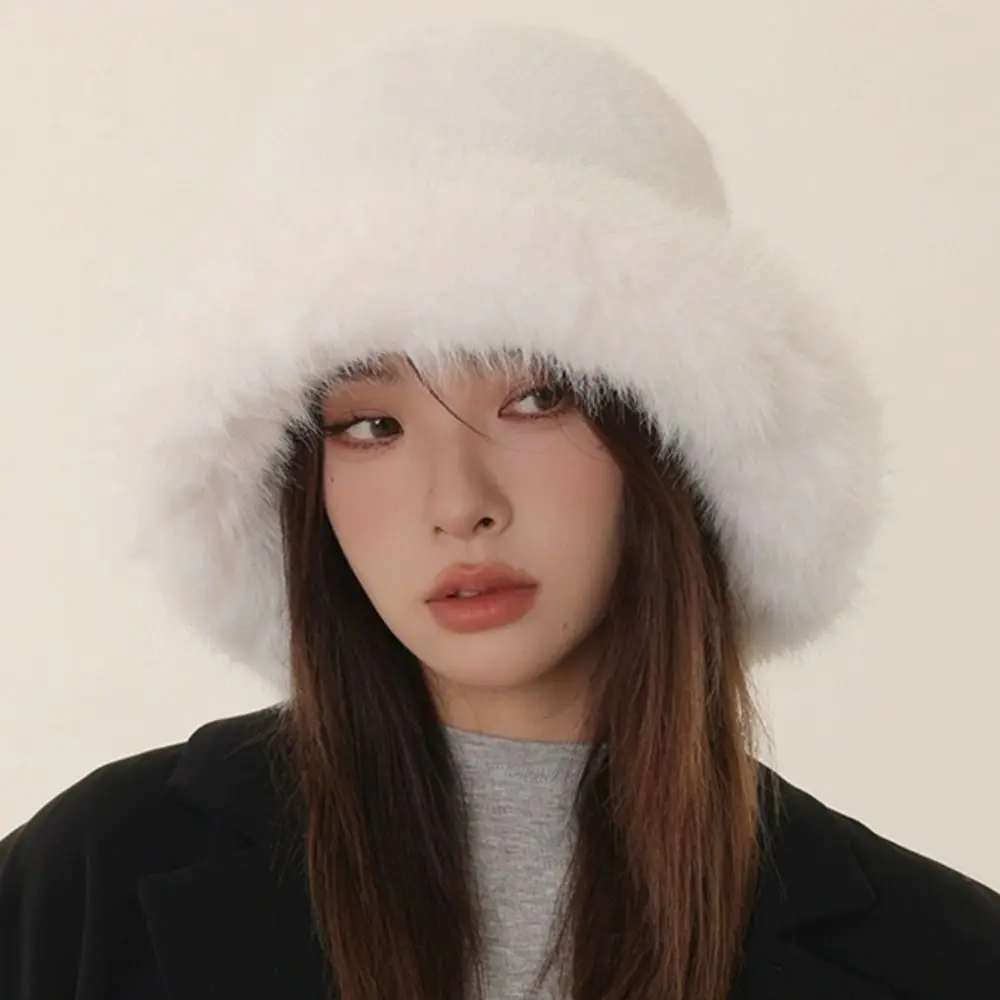 

Elegant Fluffy Hat Artificial Fur Hat Warm Imitation Fur Plush Bucket Hat Fashion All-match Beanie Hat Outdoor