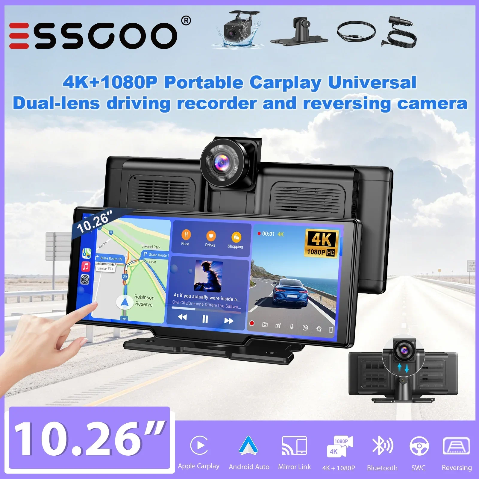 ESSGOO 10.26' 4K Autoradio Portatile con Schermo Touch, CarPlay, 64GTF Opzionale, Bluetooth, Mirror Link, Controllo al Volante, Stereo per Auto, CarPlay Wireless, Android Auto, Dash Cam a Doppia