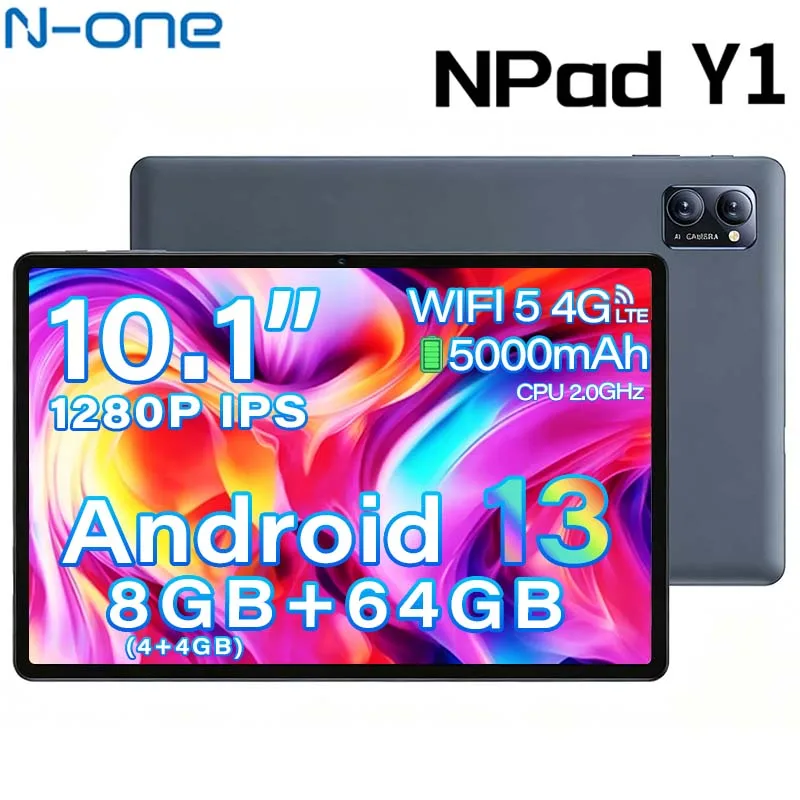 N-one NPad Y1 10.1-inch Android 13 Tablet Rockchip RK3562 Quad-Core 2.0GHz 8GB RAM (4GB+4GB) 64GB Storage HD IPS Touchscreen 5000mAh Battery Dual Camera WiFi Bluetooth 5.0 Type-C