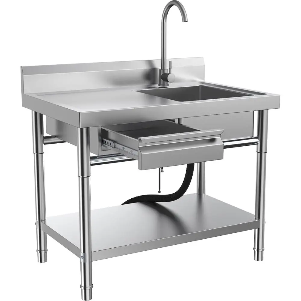

Stainless Steel Utility Sink, Commercial Kitchen Sink, 39.5'' Free Standing Single Bowl Sink with Drawer & Cold and Hot Water Pi