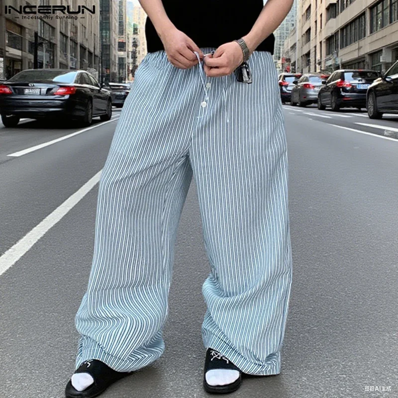 

INCERUN Men Striped Pants Joggers Drawstring Oversize Casual Trousers Men 2025 Korean Style Fashion Wide Leg Pants Streetwear