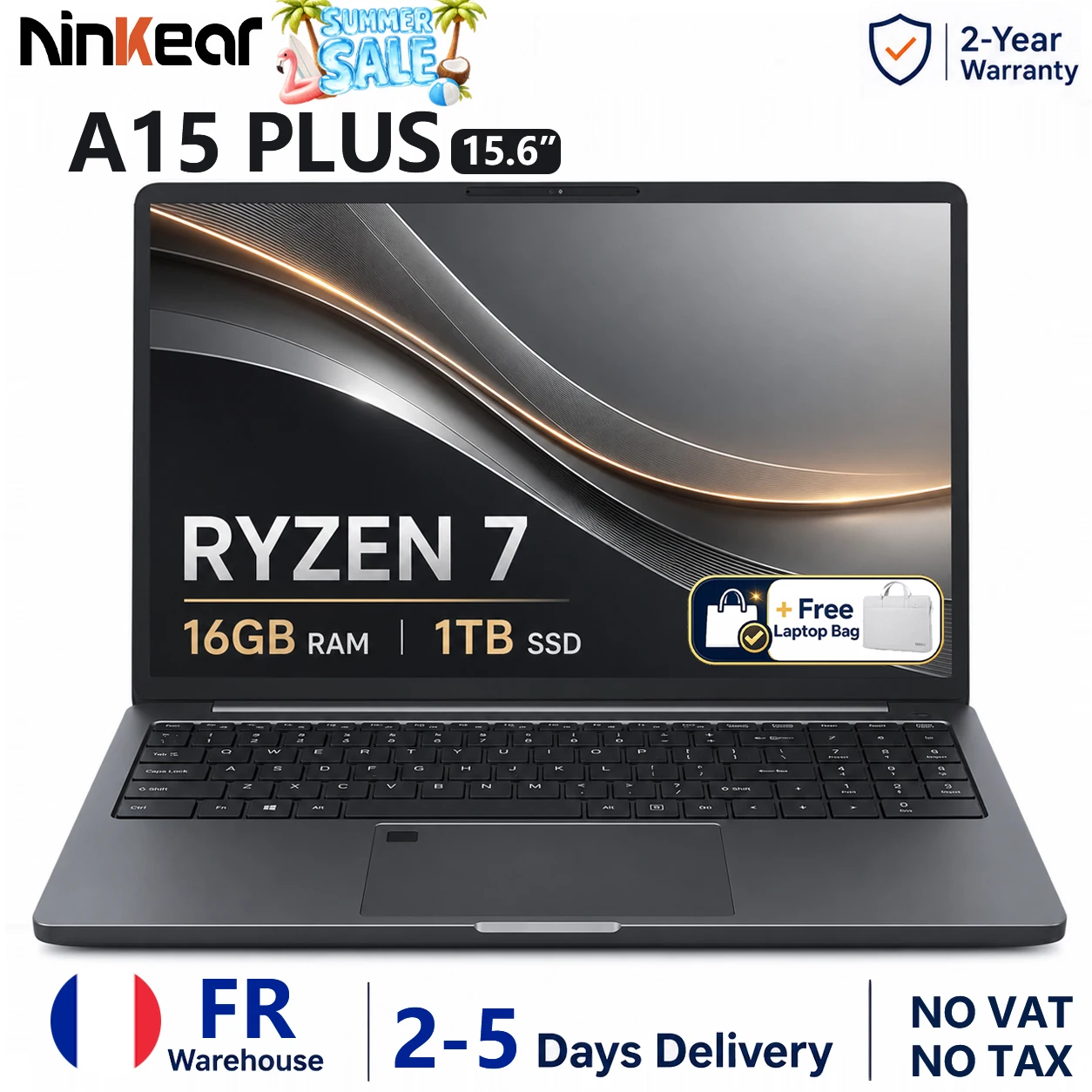 Ninkear A15 Plus PC Portable 15,6 Pouces FHD IPS AMD Ryzen 7 5825U 16Go RAM 1To SSD Châssis Métal Déverrouillage Empreinte Clavier Rétroéclairé WiFi 6 USB-C PD Charge Rapide 65W Windows 11 Prise EU