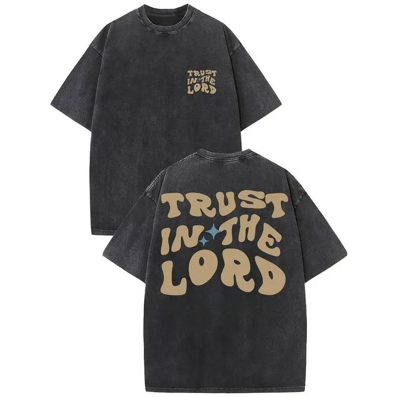 

Vintage Cotton "Trust In The Lord" T-Shirt Oversized Christian Religious Slogan Tee Bible Verse Top for Women and Men