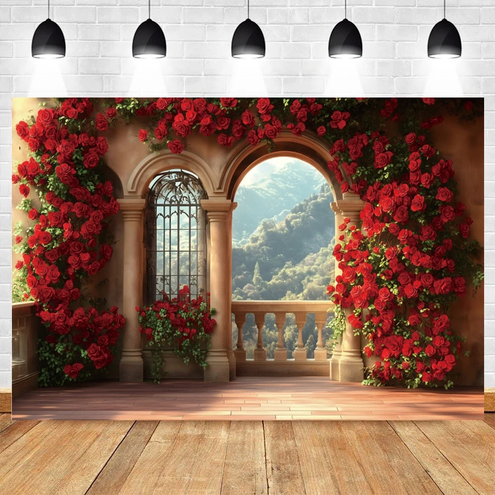 Red Rose Retro European Castle Palace Photography Backdrop Spring Flower Arch Bride Shower Wedding Party Background Photo Studio