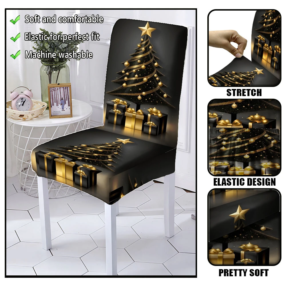Black Background Luxury Golden Christmas Tree Star Gift Box Dining Chair Slipcover Stretch Xmas Holiday Chair Cover