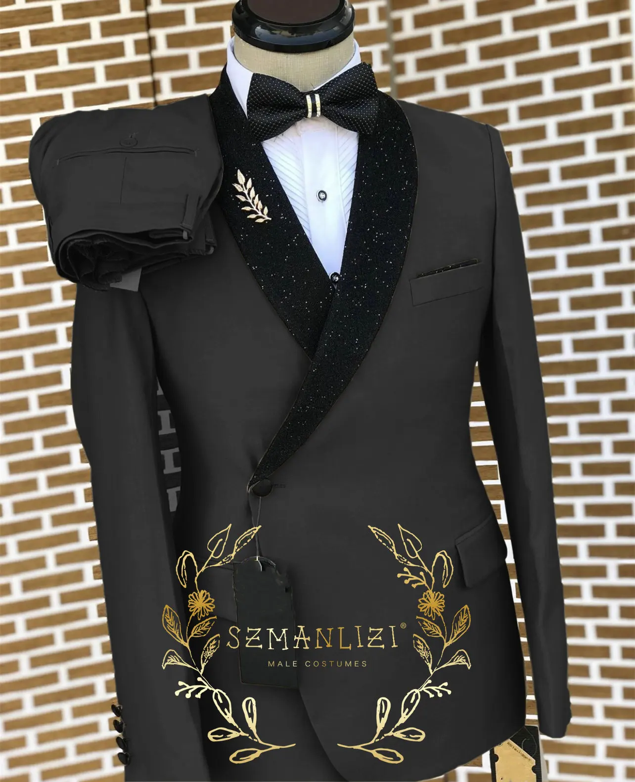 Navy Blue Men's Suits Bespoke Double Breasted Black Shiny Shawl Lapel Formal Wedding Blazer Slim Fit 2 Piece Jacket Pants