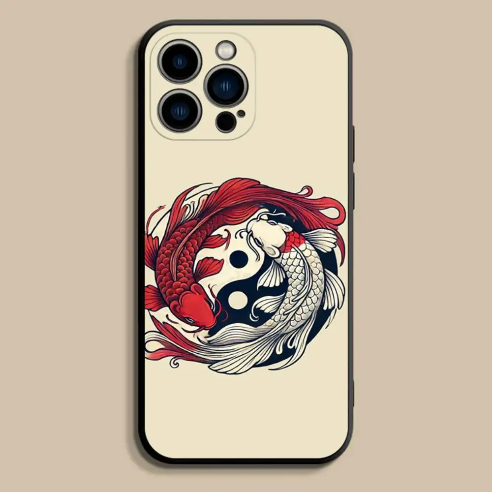 Koi Carp FishS Yin Yang Art Phone Case For iPhone 17,16,15,14,13,12,Pro,Max,Plus,E,SE4,Air,Mini Black Soft Cover