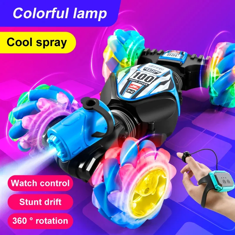 

TEMIKIDS 2.4G Gesture Induction Twist Car 4WD Drift Spray Deformation Car Light Colorful Lights Remote Control Car Children Toys