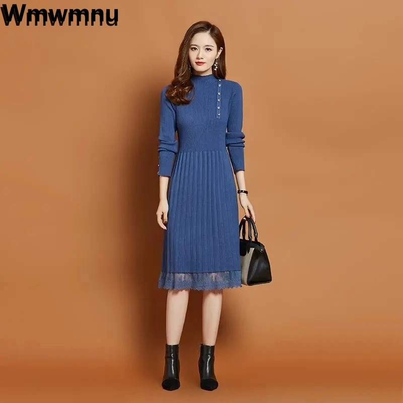 Winter Warm Knitwear Midi Vestido Thicken Half Turtleneck Knitted Dress Slim Lace Sweater Dresses Elegant Casual Women Robe