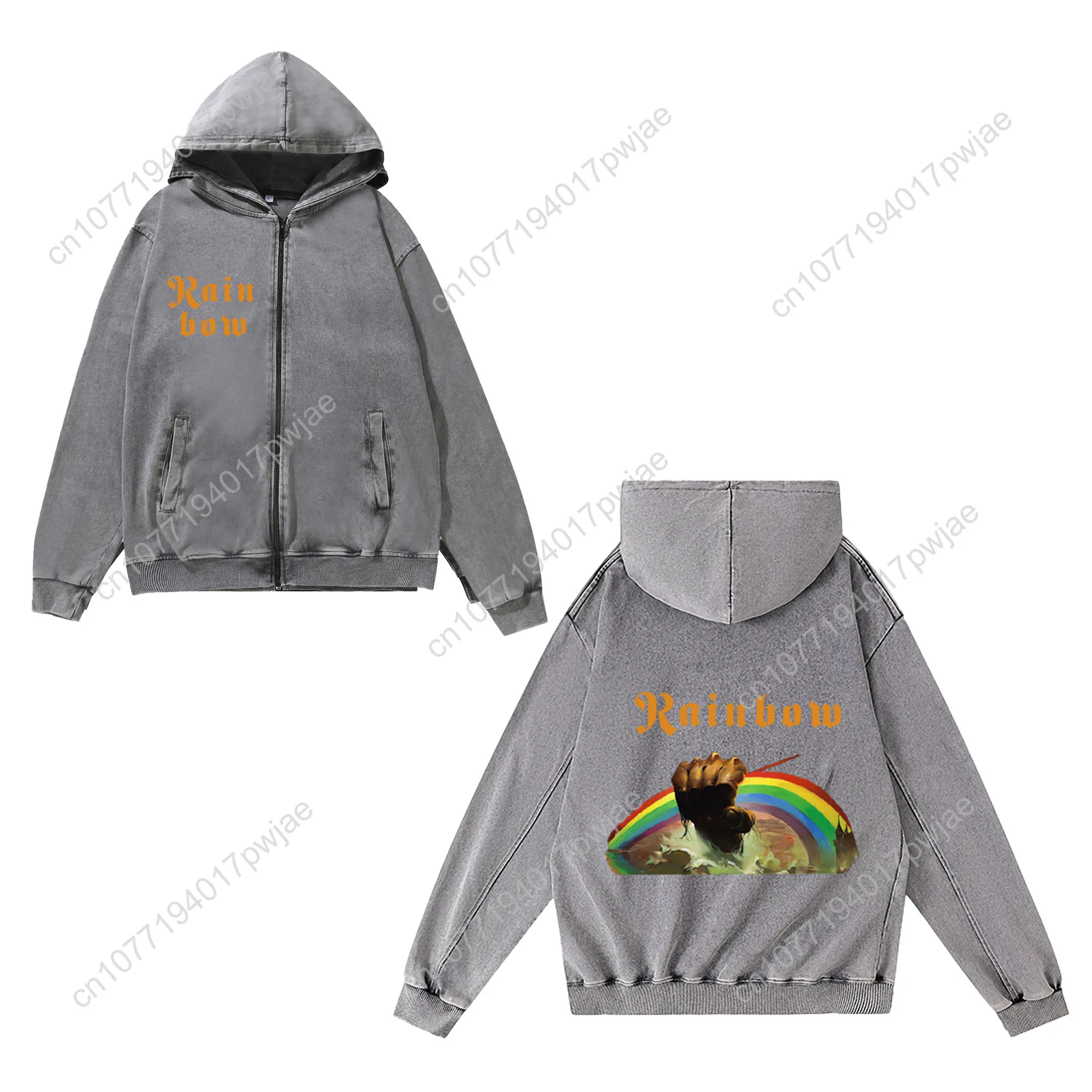Felpa con cerniera Rainbow Rising Rock Band Uomo Donna Felpe con cappuccio vintage Felpa con tasca Giacca personalizzata con zip intera