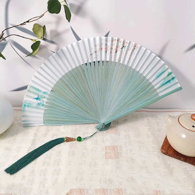 Folding Fan Landscape Scroll Pattern Portable Summer Cooling Daily Fan for Hanfu Horse Face Skirt Photography Prop Gift Set