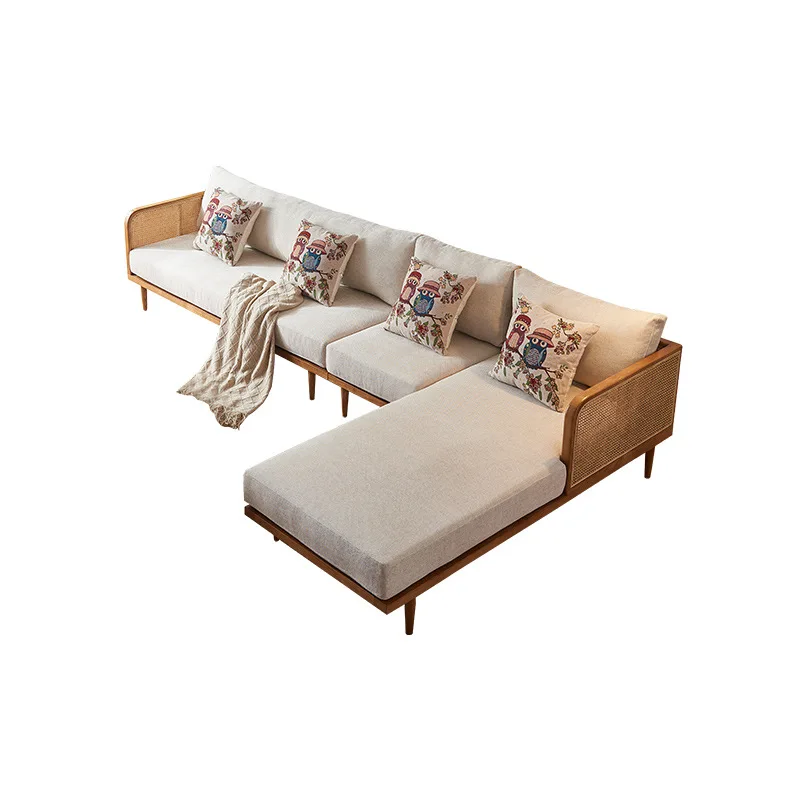 

New Chinese-style solid wood rattan sofa living room wabi sandy wind ash wood hotel lobby