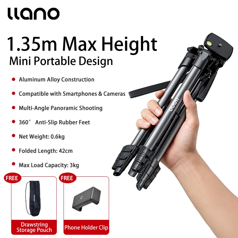 Llano Professionele Fotografie Camera Statief Reistelefoon Statief met Fluid Head (Max. Belasting: 15KG) Hoogte van 53cm tot 165cm - afbeelding 1