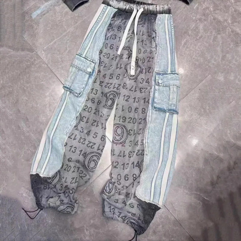 ANJY Summer New Women Jeans Large Pocket Letter Printed Patchwork Washed Denim Contrast Color Streetwear Chic Casual Pants A9998