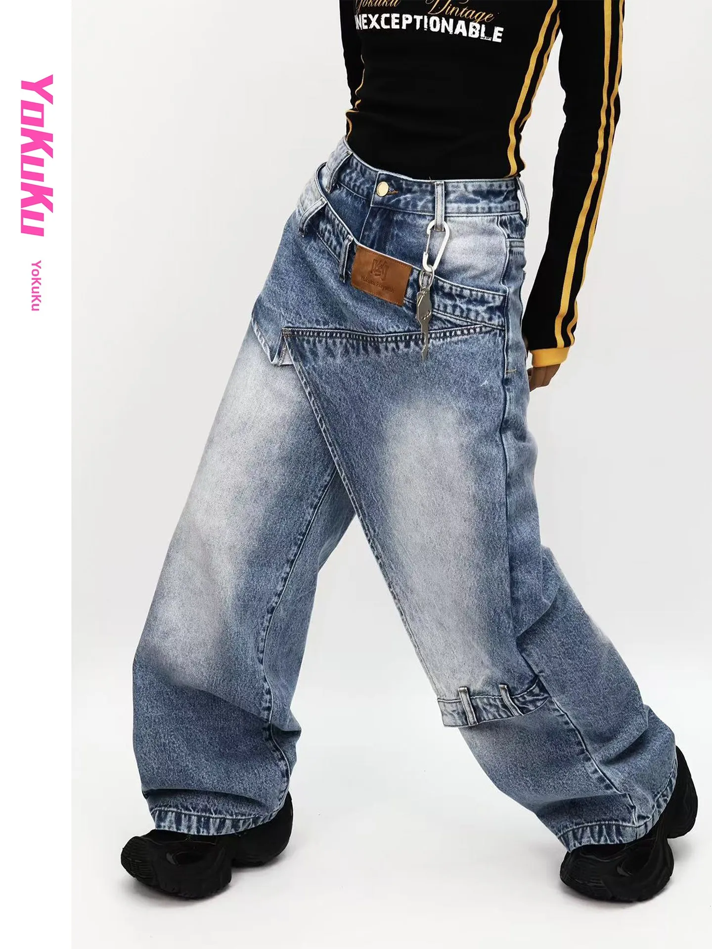 

American Retro Denim Pants Women's Wide Leg Small Design Jeans Loose Fit Natural Waist Cotton Fabric Button Closure