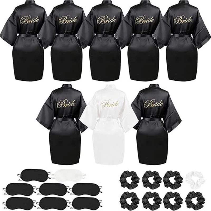 

10 Pack Bridal Party Bride Spa Robes with Eye Masks Headband Hair Ties for Wedding Getting Ready Robes