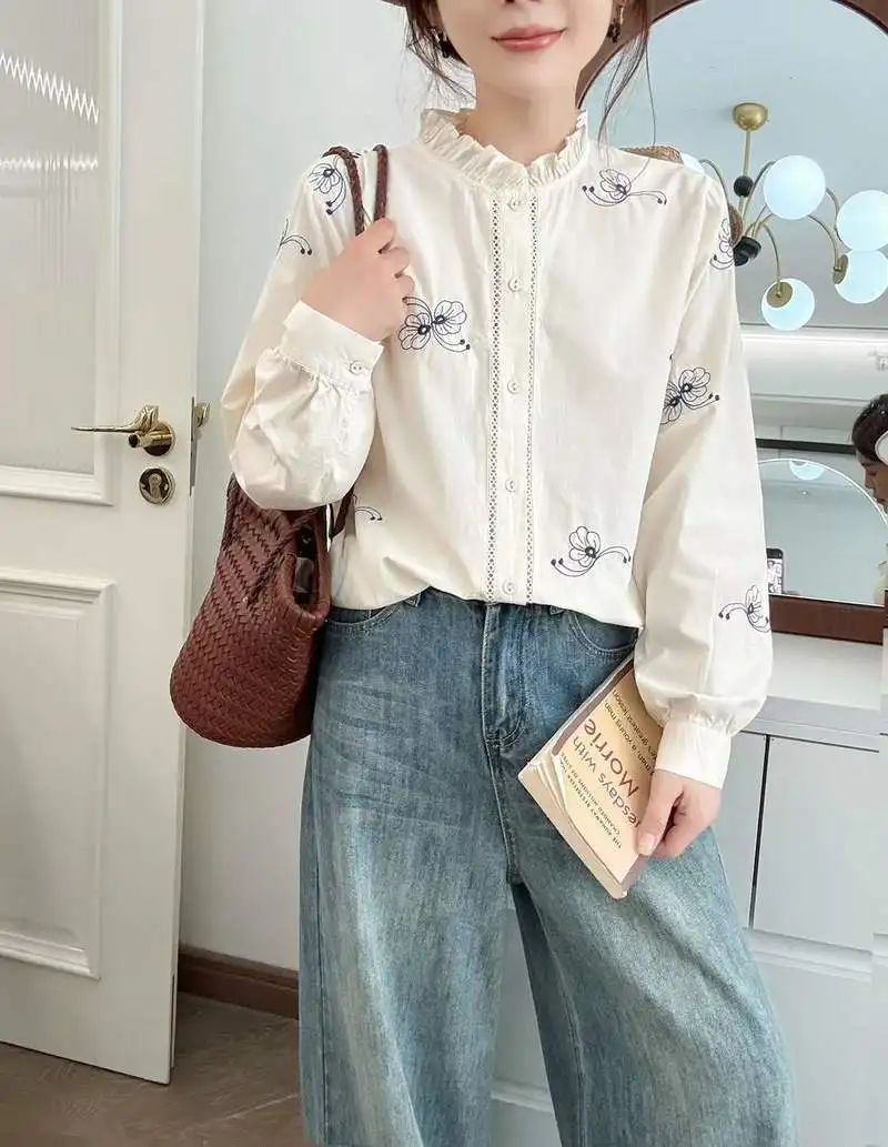 جديد 2025 الخريف قميص قطني بكم طويل ، المرأة الوقوف مخطط التطريز ، موري فتاة OL الفرنسية الرجعية شيك بلوزة فضفاضة T59282CC