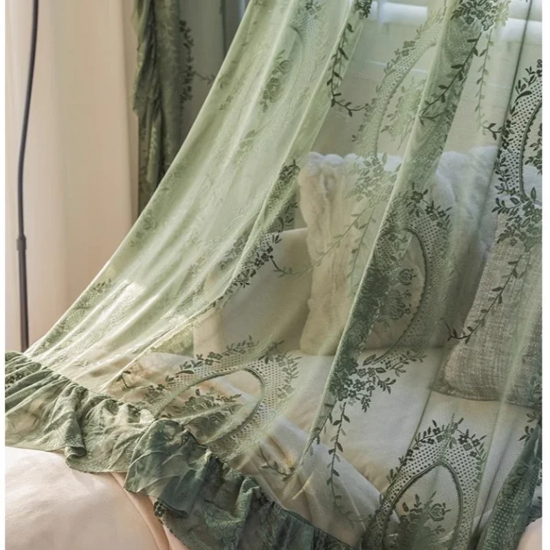 European Romantic Forest Series Curtains for Living Room Bedroom Dining Room Matcha green jacquard gauze customized curtains