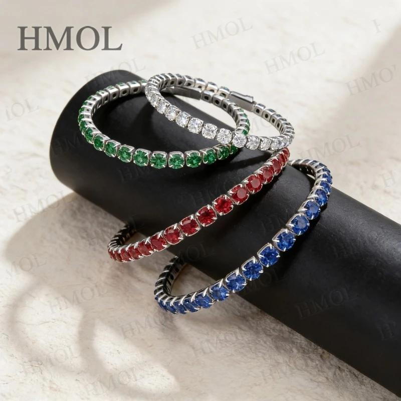 Tennis Bracelet Moissanite Sapphire Ruby 3 4 5mm D Color Red Blue Green 6-24 Inch Silver Plated Luxury Jewelry Gift For Women