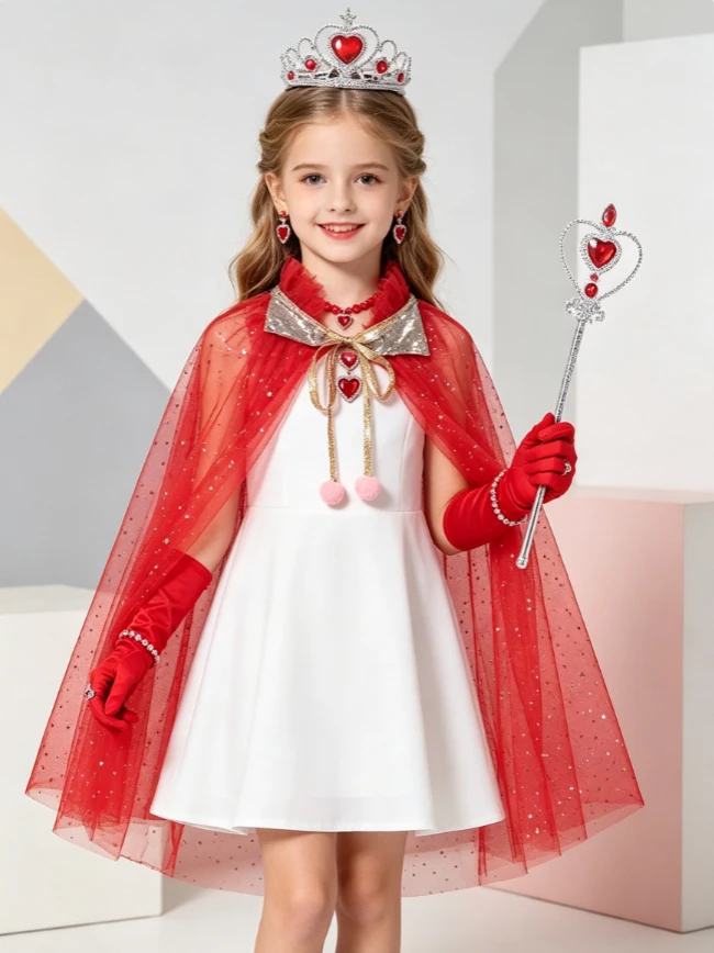 Kids Sparkly Flowy Enjoyable Princess Style Cloak With Headpiece Hand Jewelry Lightweight Colorful Birthday Festival Party Wear