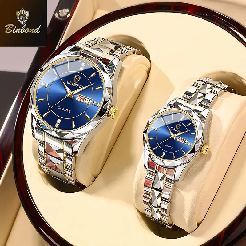 BINBOND Fashion Couple Watches Diamond Valentine Day Lover Gift Stainless Steel Waterproof Watch Men Women 2pcs/Set Quartz Watch