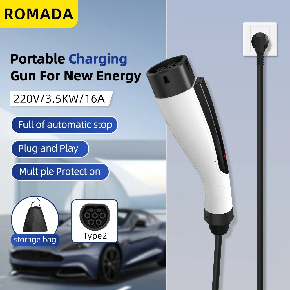 NEW ROMADA 3.5KW 16A Portable EV Charger 3M-10M Cable IEC62196 TYPE2 EVSE EU Plug Safe Fast Charging for Electric Vehicles CE